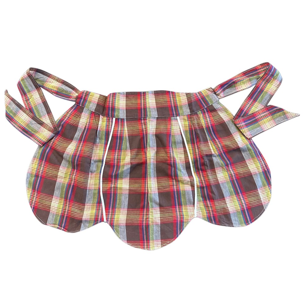 Vtg Plaid Half Apron Scalloped Hem Red Brown Yellow Retro 70's MCM Grandmacore